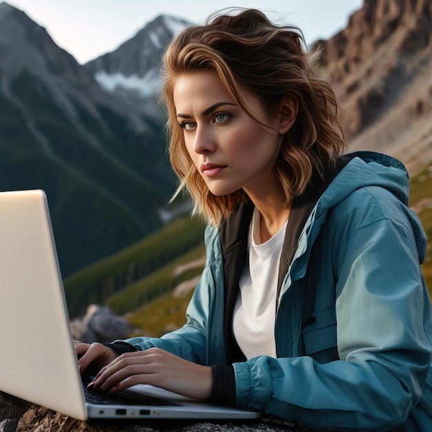 femme travaillant sur un ordinateur portable sur la montagne