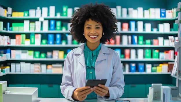 Femme travaillant à la pharmacie et portant un manteau