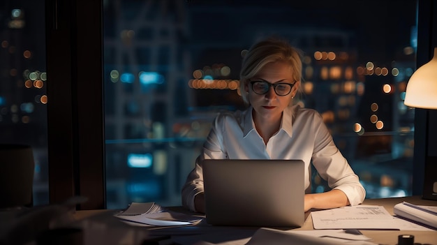 Femme travaillant à son bureau avec un ordinateur portable