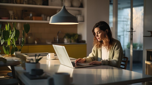 une femme travaillant sur son ordinateur portable dans une cuisine.