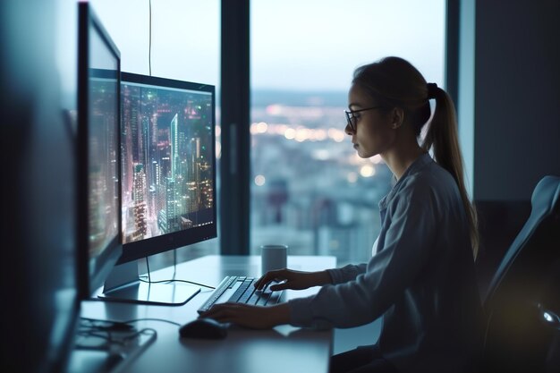 Une femme travaille au bureau sur un grand écran tactile intelligent