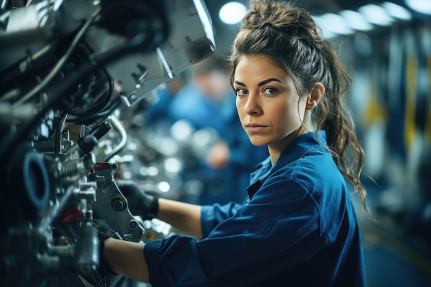 Photo une femme travaille sur une composante du moteur.