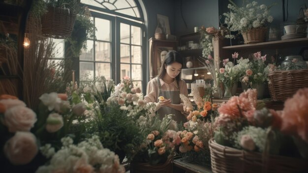 Une femme travaille dans un magasin de fleurs avec un panier plein de fleurs.