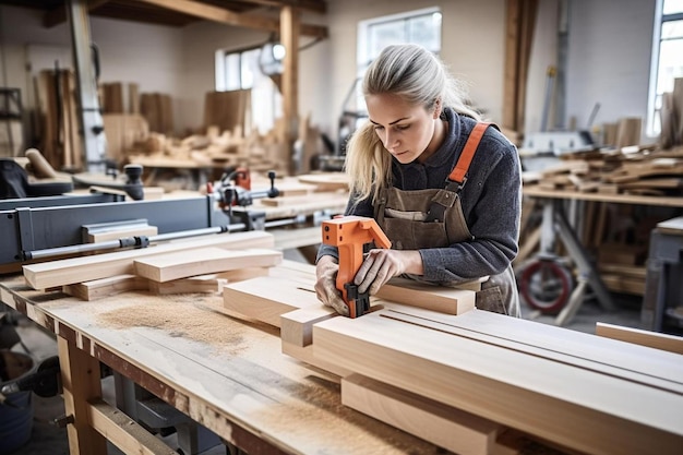 une femme travaille sur un morceau de bois dans un atelier