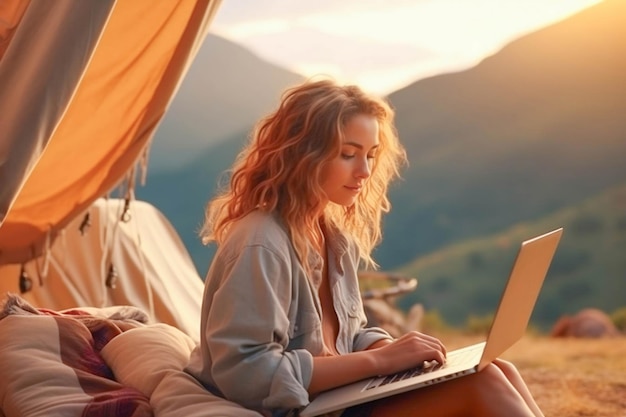 Une femme travaille sur un ordinateur portable dans les montagnes près d'une tente. Travail à distance et travail indépendant