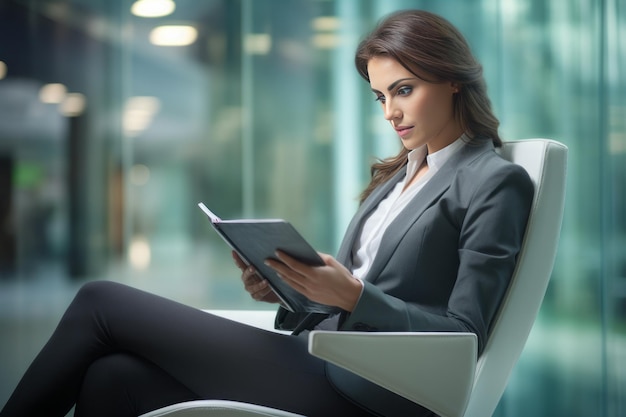 Une femme travaille avec une tablette dans un bureau moderne