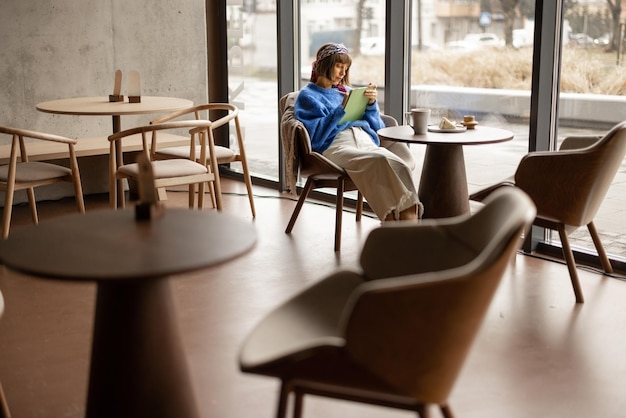 Femme travaille sur touchpad au café