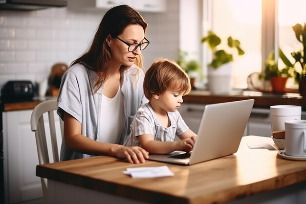 Photo femme travailleuse indépendante ou mère et enfant en bas âge travaillant à domicile à l'aide d'un ordinateur portable