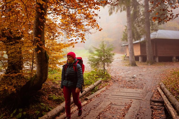 La femme traverse le pont en bois lors d'une randonnée