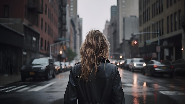 Une femme traverse une rue sous la pluie