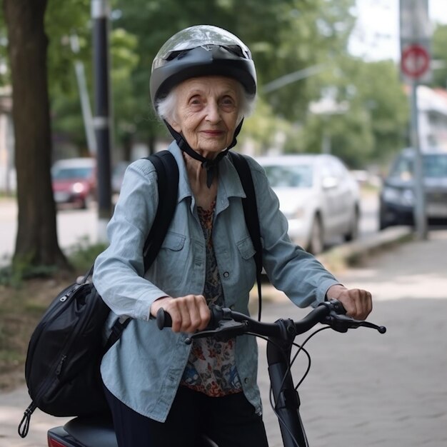 Une femme très âgée sur un scooter électrique portant un casque et un sac à dos sportif et actif