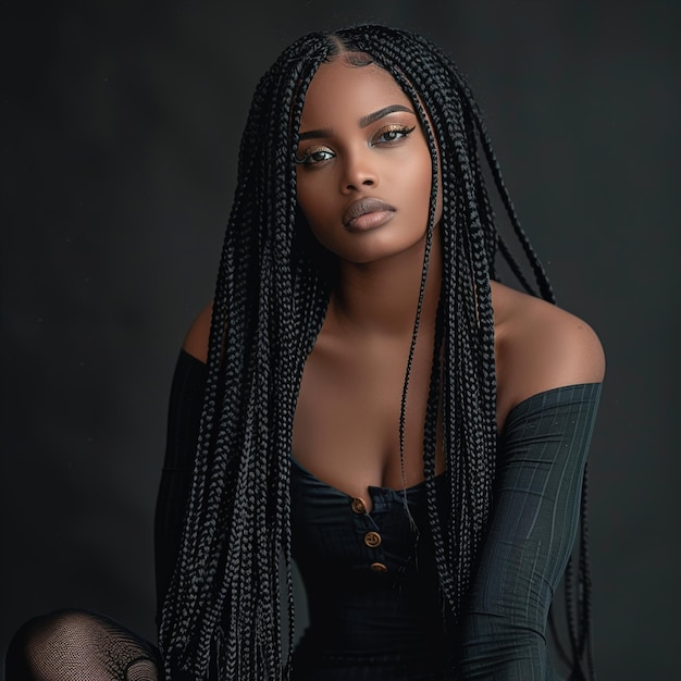 une femme avec des tresses dans ses cheveux et une robe noire avec une chaîne d'or sur le devant