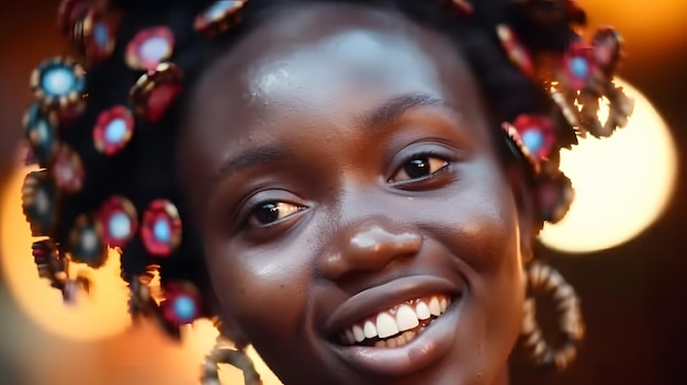 Une femme avec des tresses sur ses cheveux sourit à la caméra.