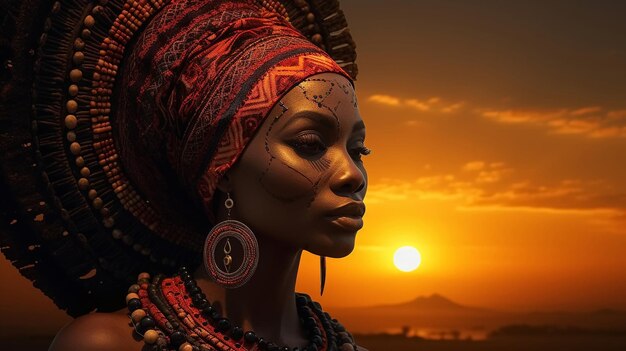 Photo femme tribale africaine à la peau foncée au coucher du soleil