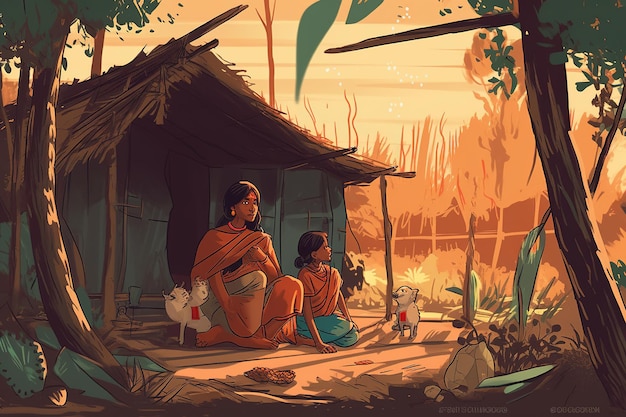 Femme tribale avec enfant dans un vallage Famille de dessin animé assis près de la hutte Culture ethnique de la tribu