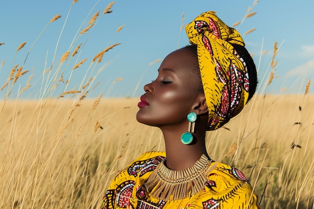 Photo femme de la tribu africaine portant une robe traditionnelle avec la vue sur le champ d'herbe