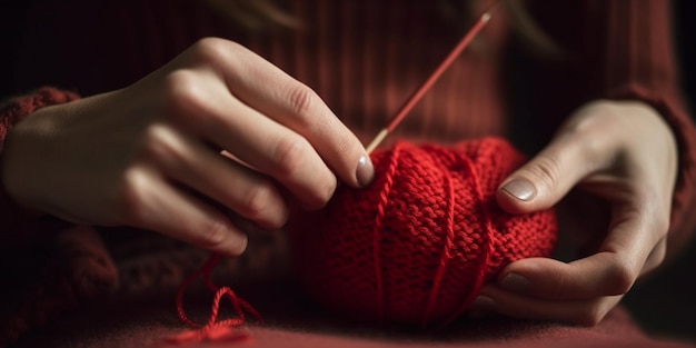 Femme tricotant le coeur rouge pour son bien-aimé