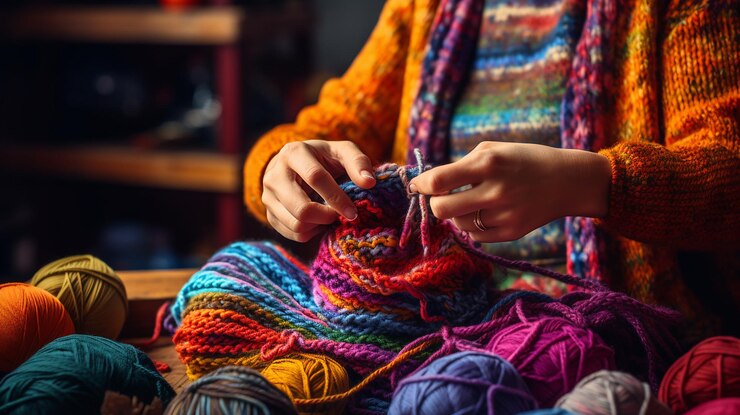 Photo une femme tricotant avec un pull coloré sur ses genoux