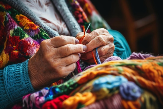 une femme tricotant avec un stylo.