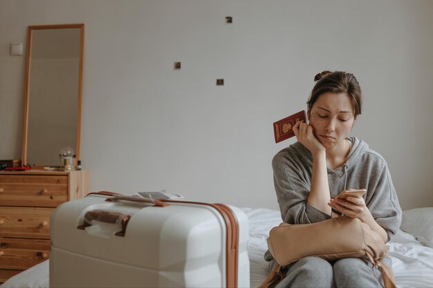 Photo femme triste avec les bagages et le passeport à la maison annulation du vol