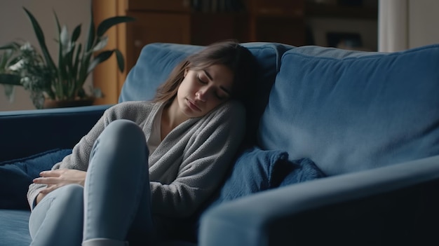 Femme triste et bouleversée en pleine réflexion Femme triste assise sur un canapé dans le salon