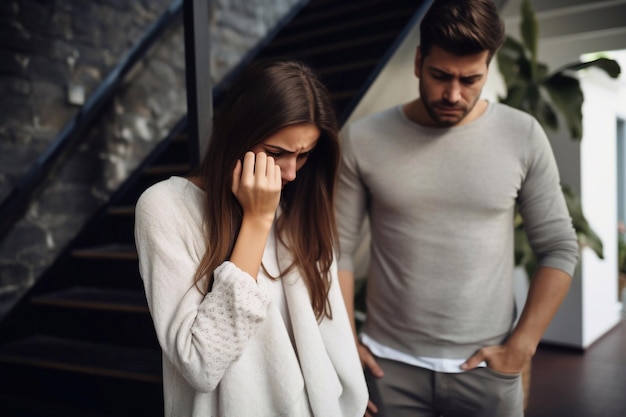 Photo la femme triste et contrariée pleure après une rupture douloureuse et ne veut pas le quitter.