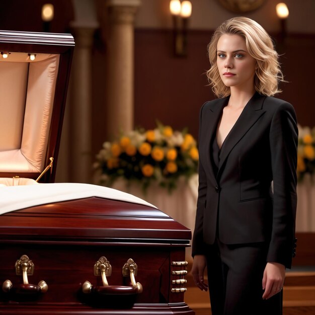 Une femme triste en costume noir en deuil à l'enterrement.
