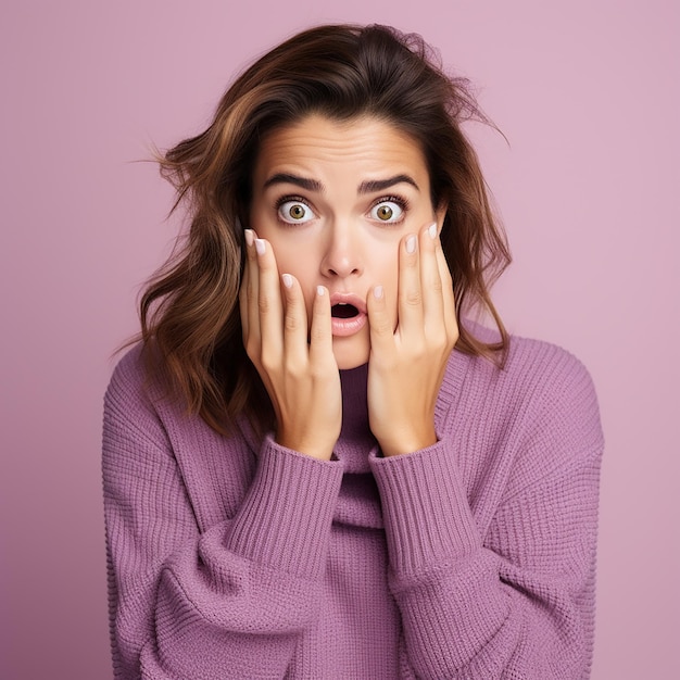 Photo une femme triste, effrayée et étonnée dans un gilet violet