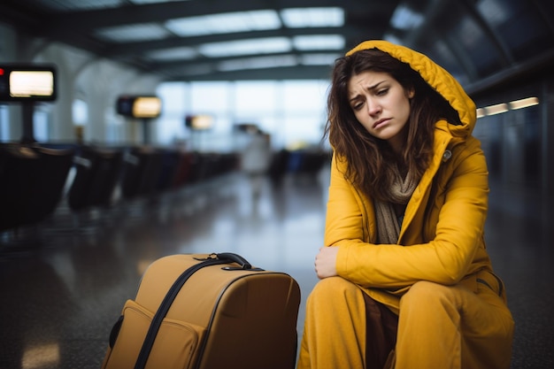 Photo une femme triste parce qu'elle a raté son vol à l'aéroport.