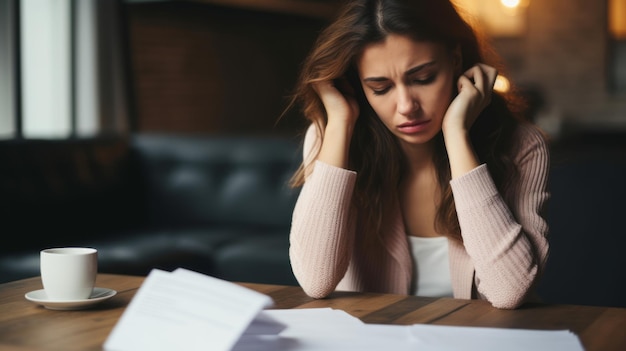 une femme triste regardant des factures impayées se sent affligée assise dans le salon à la maison