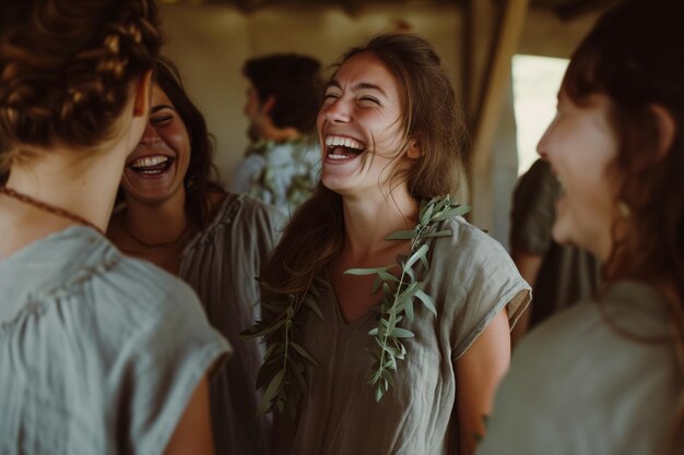 Une femme en tunique de lin avec une guirlande riant avec des amis