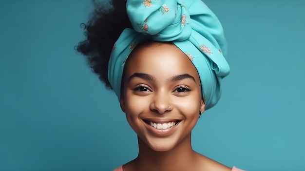 Une femme avec un turban bleu sur la tête