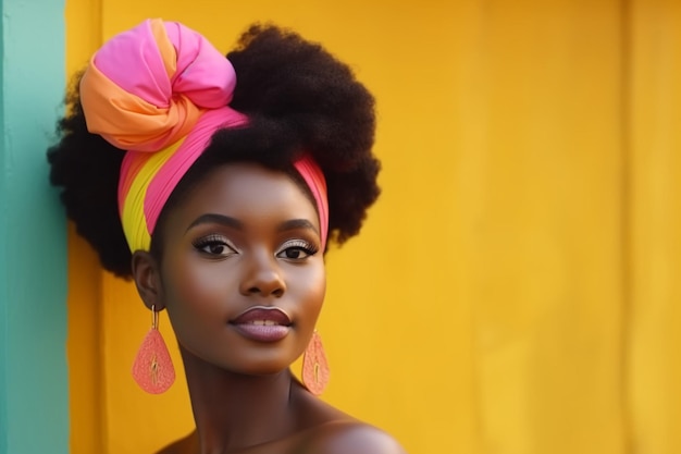 Une femme avec un turban de couleur vive sur la tête se tient devant un fond jaune.