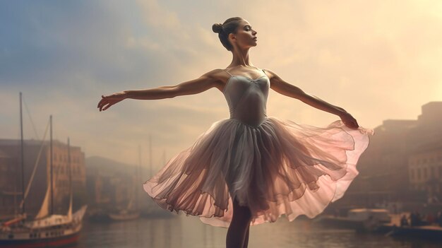 une femme en tutu se tient devant un lac avec des bateaux en arrière-plan