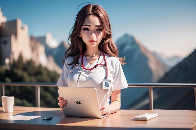 Une femme en uniforme blanc est assise à une table avec une tablette dessus.