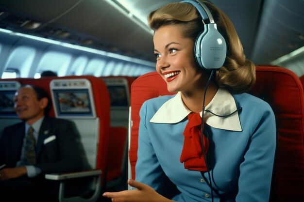 une femme en uniforme bleu écoute de la musique avec des écouteurs.