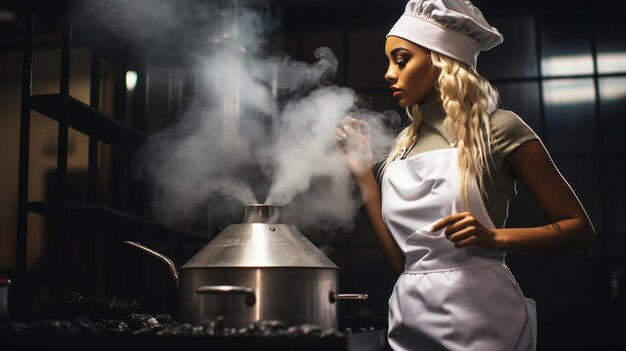 une femme en uniforme de chef cuisine dans une cuisine