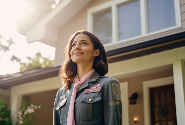 Une femme en uniforme debout devant une maison