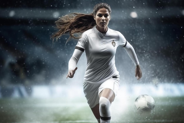 une femme en uniforme de football blanc court avec un ballon de football