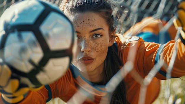 Photo femme en uniforme de football jaune allongée sur le sol