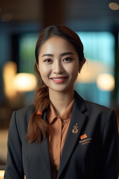 Une femme en uniforme d'hôtel se tient devant une fenêtre.