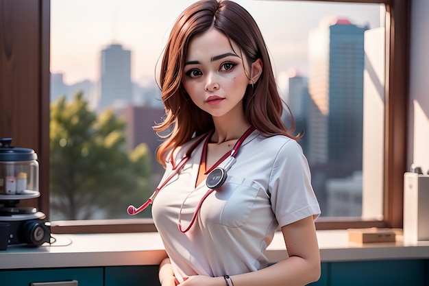 Une femme en uniforme d'infirmière se tient devant un paysage urbain