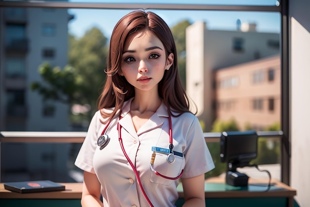 Une femme en uniforme d'infirmière avec un stéthoscope sur le cou.