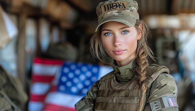 une femme en uniforme militaire avec le mot dessus