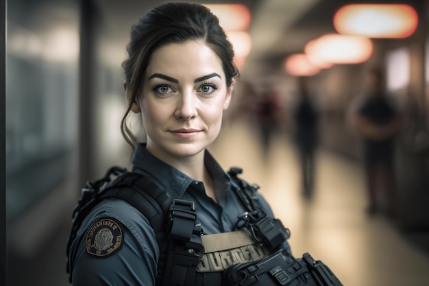 Une femme en uniforme militaire avec le mot sécurité sur le devant.