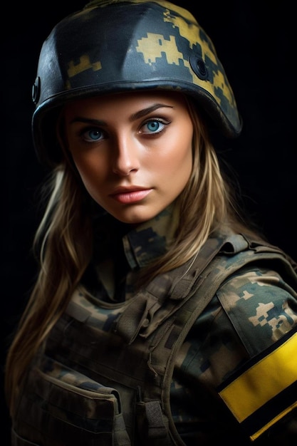 une femme en uniforme militaire avec un œil bleu et un chapeau jaune et noir