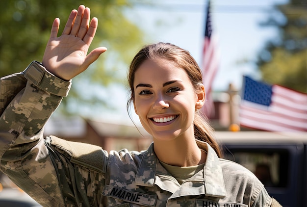 Une femme en uniforme militaire saluant la foule