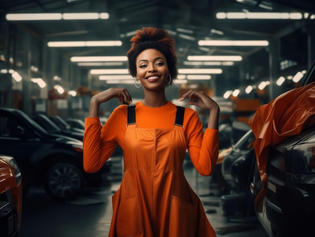 Une femme en uniforme orange debout dans une usine de voitures