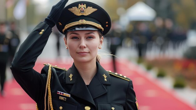 Photo une femme en uniforme de police salue lors d'une cérémonie