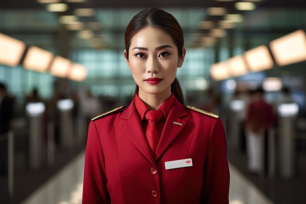 Une femme en uniforme rouge se tient dans un terminal d'aéroport.
